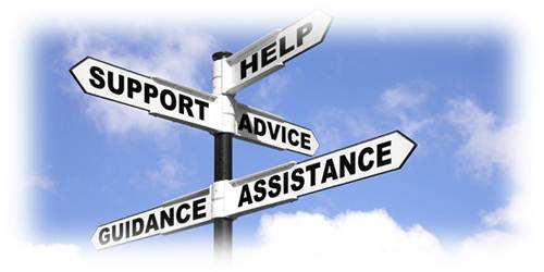 Roadsigns that say help, support, advice, guidance and assistance